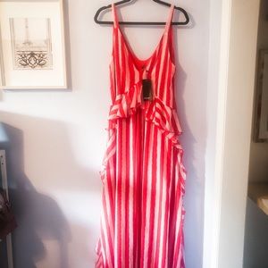 Red/White striped ruffle plunge maxi dress